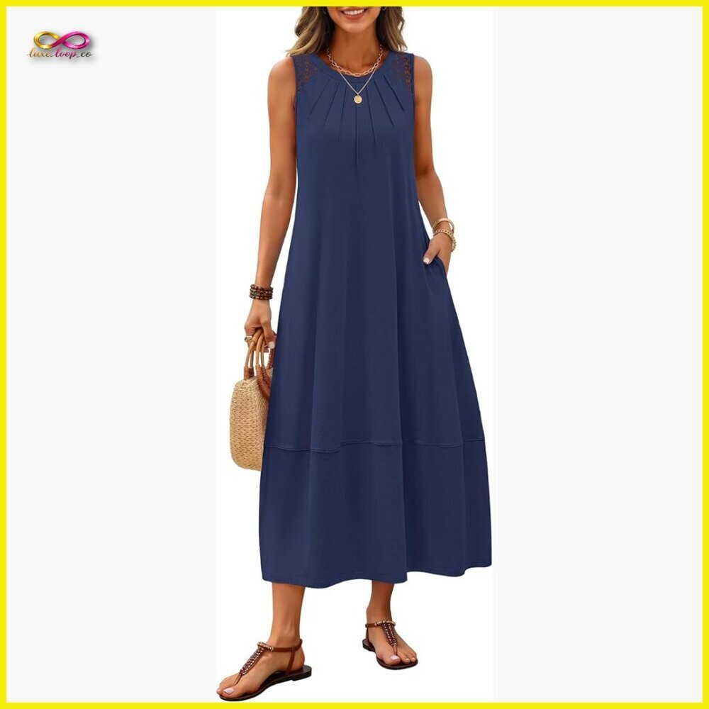 Boho Maxi Dress Lace Hollow Out Pleated Summer Beach Vacation Sleeveless